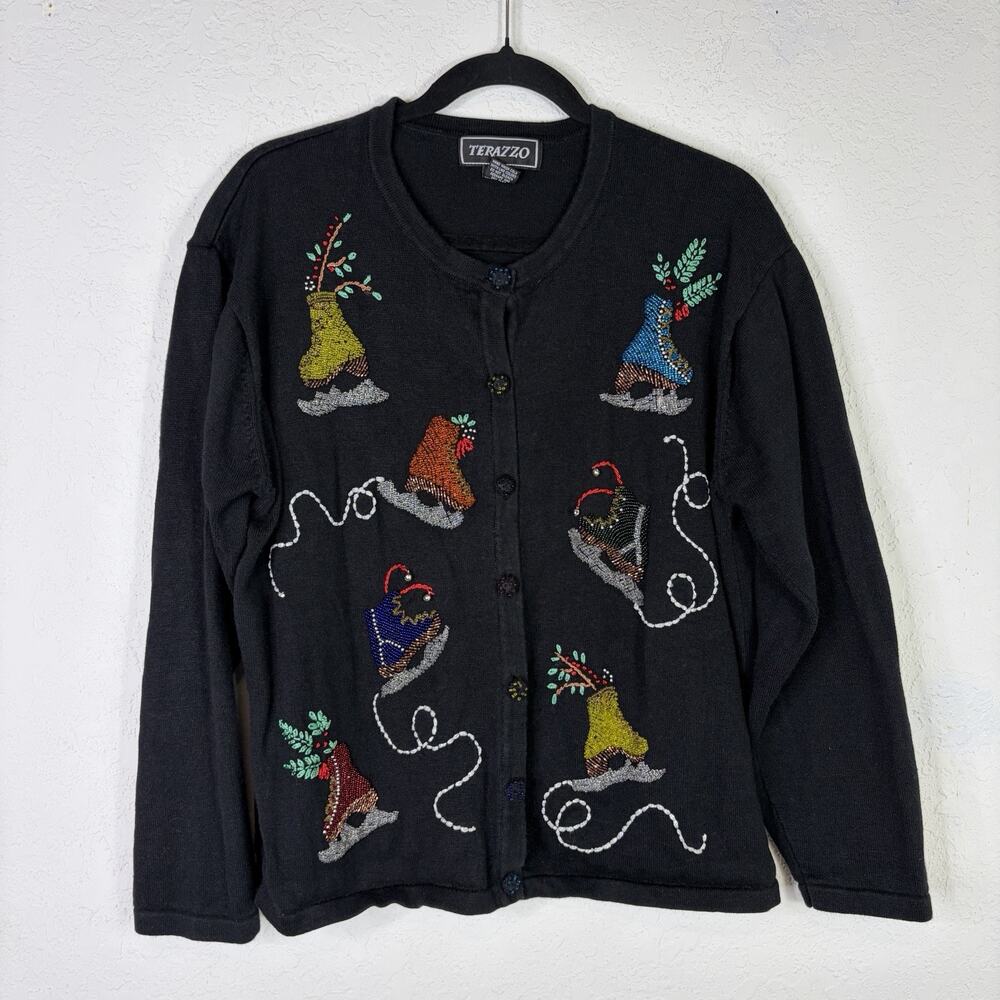 Christmas Beaded Ice Skates Cardigan XL, Vtge Terazzo Cotton Blend Black, RARE